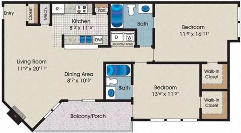 Floor plan for 2 beds, 2 baths, 1015 sqft